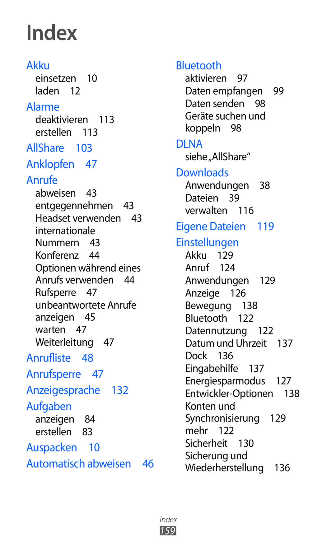 Samsung GT-I9103MAAATO, GT-I9103MAATUR, GT-I9103MAADBT manual Index, 159, Einsetzen 10 laden  